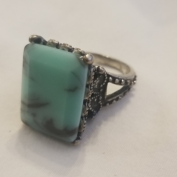 SILVER Art Deco Emerald Moonstone Ring 7.5 - Picture 5 of 10